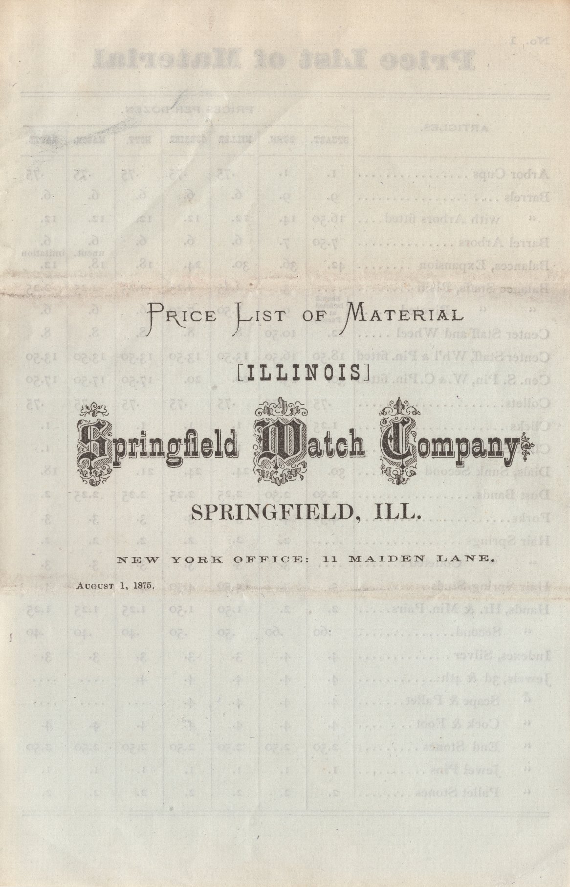 Price List of Material: Illinois Springfield Watch Company Cover Image