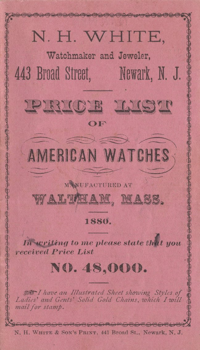 N.H. White Price List of American Watches Manufactured at Waltham, Mass. 1880 Cover Image