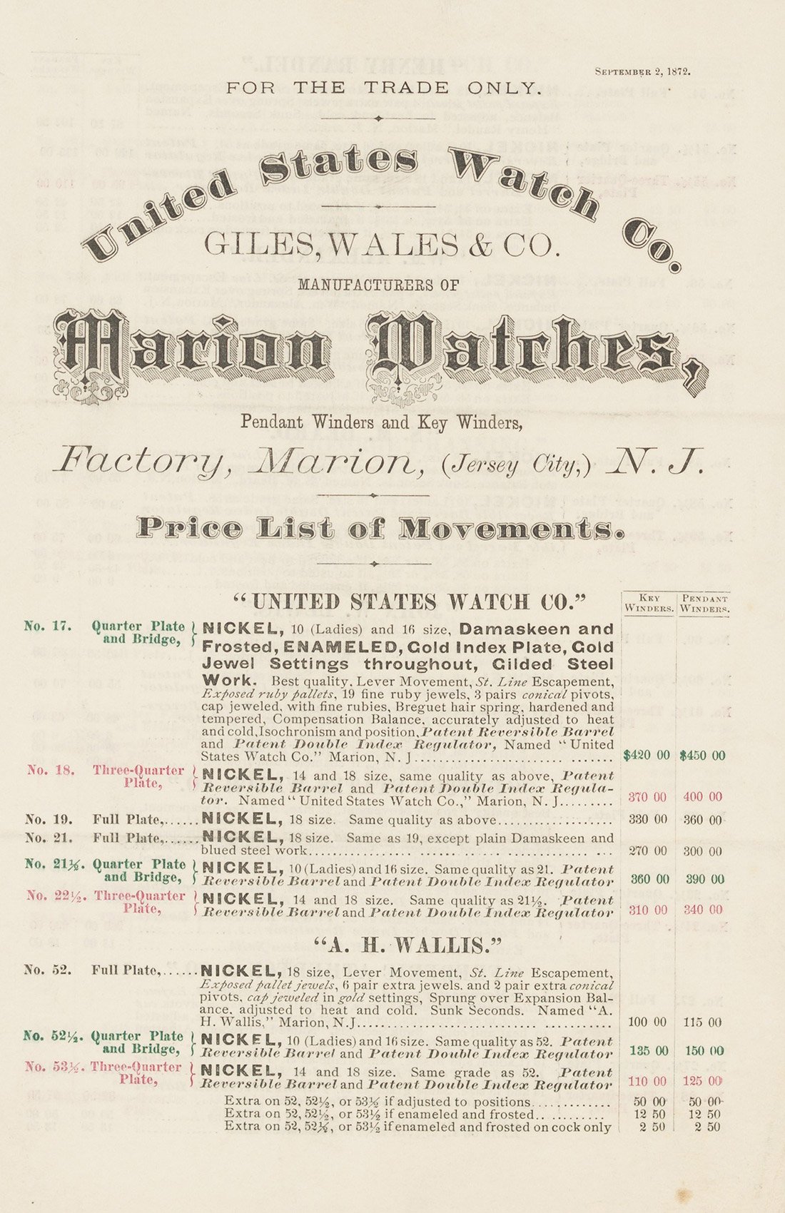 United States Watch Co. Marion Watches Price List of Movements (1872) Cover Image